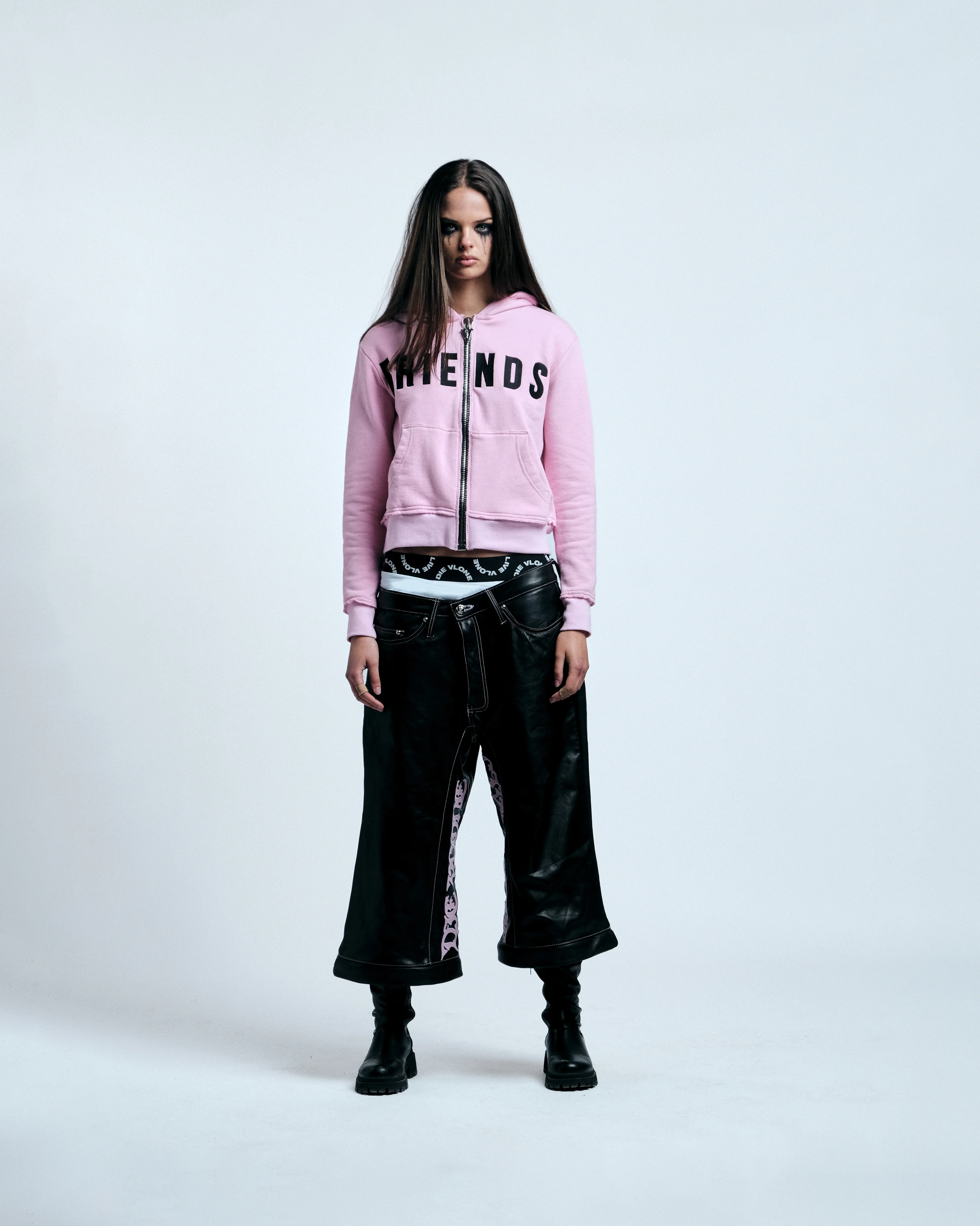 BLACK LIPSTICK FRIENDS- EMBROIDERED CROP TOP ZIP UP HOODIE (Pink) - Image 12