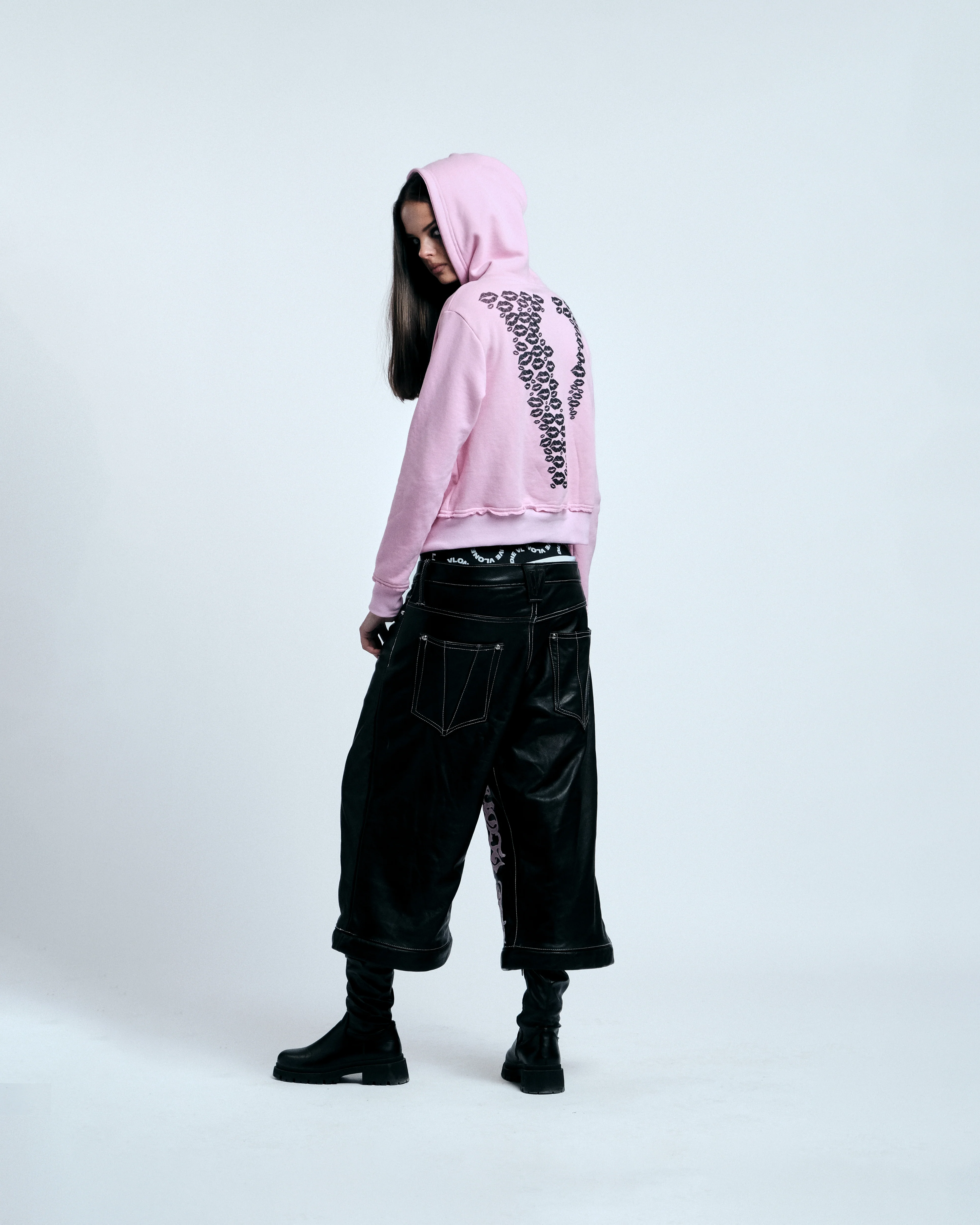 BLACK LIPSTICK FRIENDS- EMBROIDERED CROP TOP ZIP UP HOODIE (Pink) - Image 13